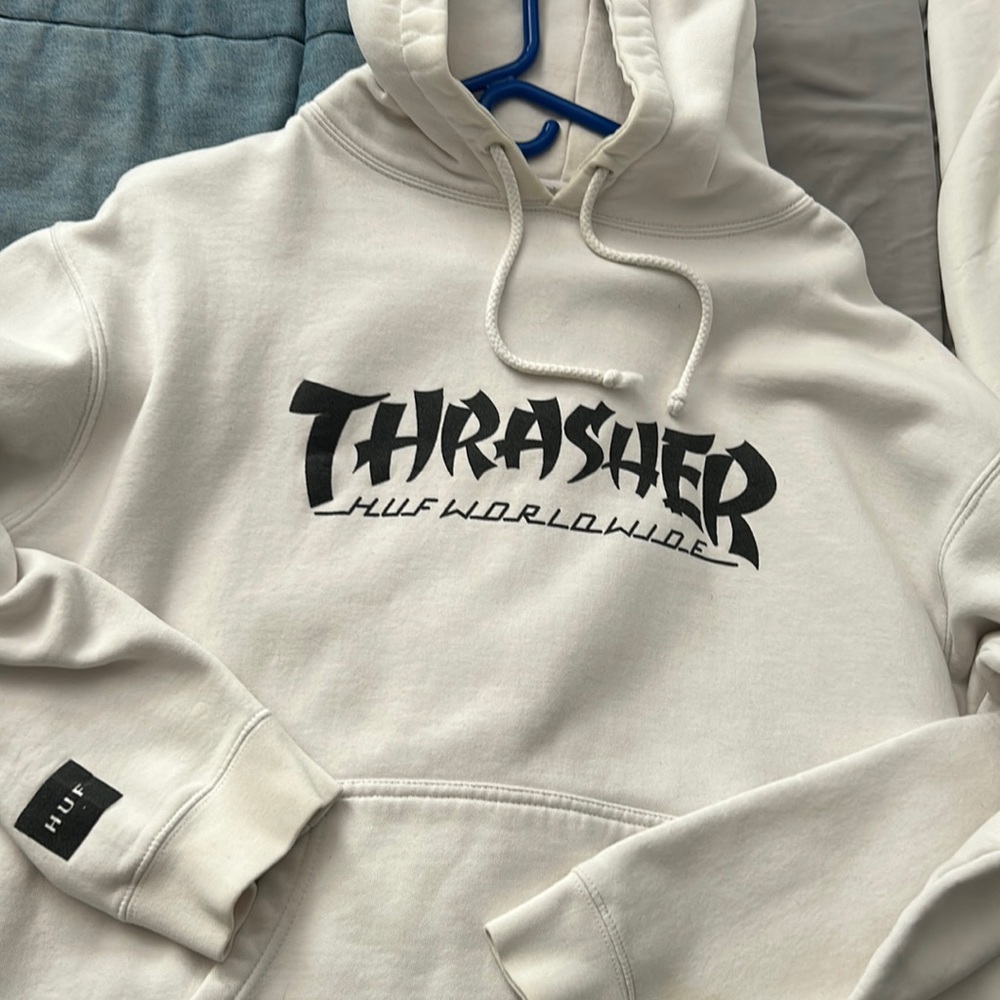 Thrasher X HUF collab hoodie in white size M